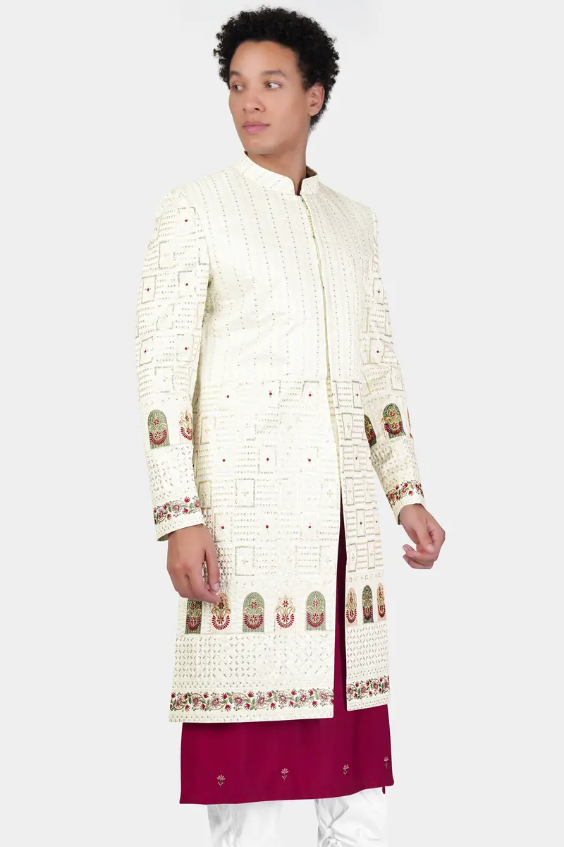Merino Cream With Finch Green Multicolour Thread And Sequin Embroidered Indo-Western Sherwani 2