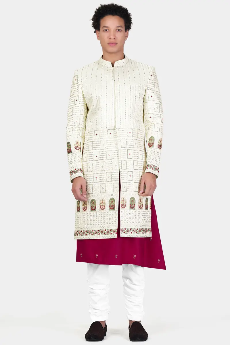 Merino Cream With Finch Green Multicolour Thread And Sequin Embroidered Indo-Western Sherwani 4