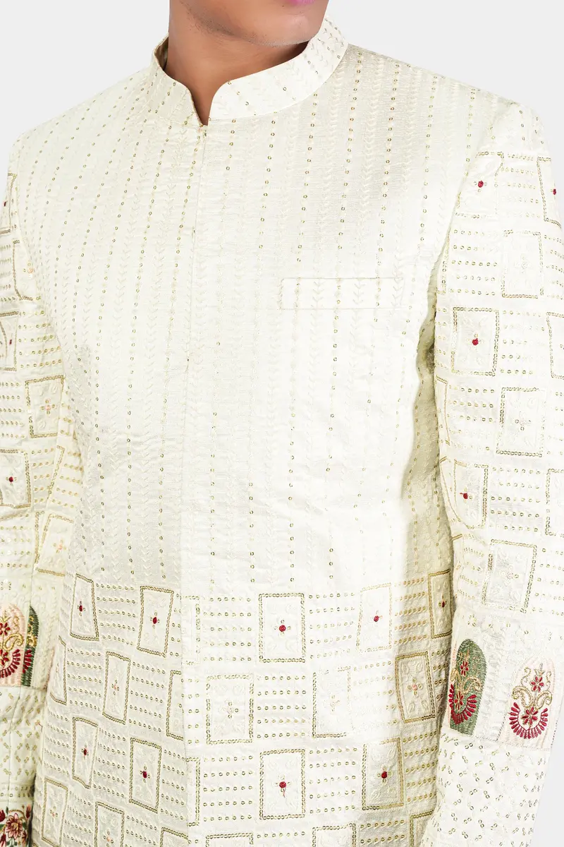 Merino Cream With Finch Green Multicolour Thread And Sequin Embroidered Indo-Western Sherwani 5
