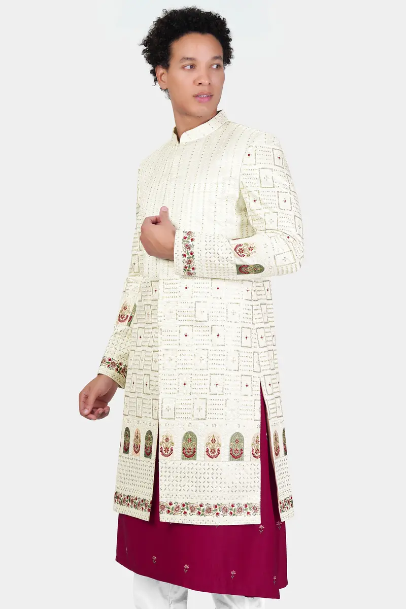 Merino Cream With Finch Green Multicolour Thread And Sequin Embroidered Indo-Western Sherwani 6
