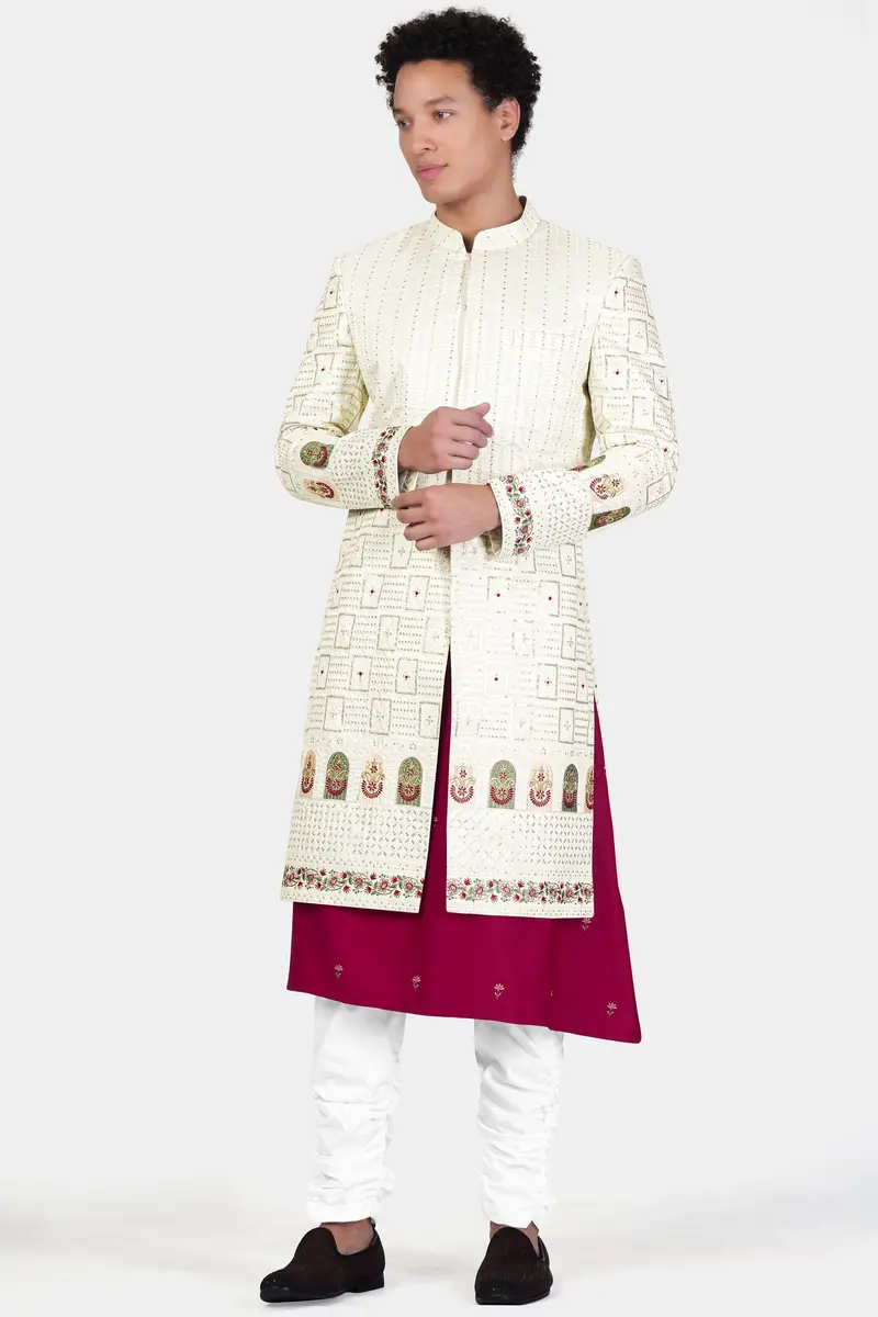 Merino Cream With Finch Green Multicolour Thread And Sequin Embroidered Indo-Western Sherwani 7