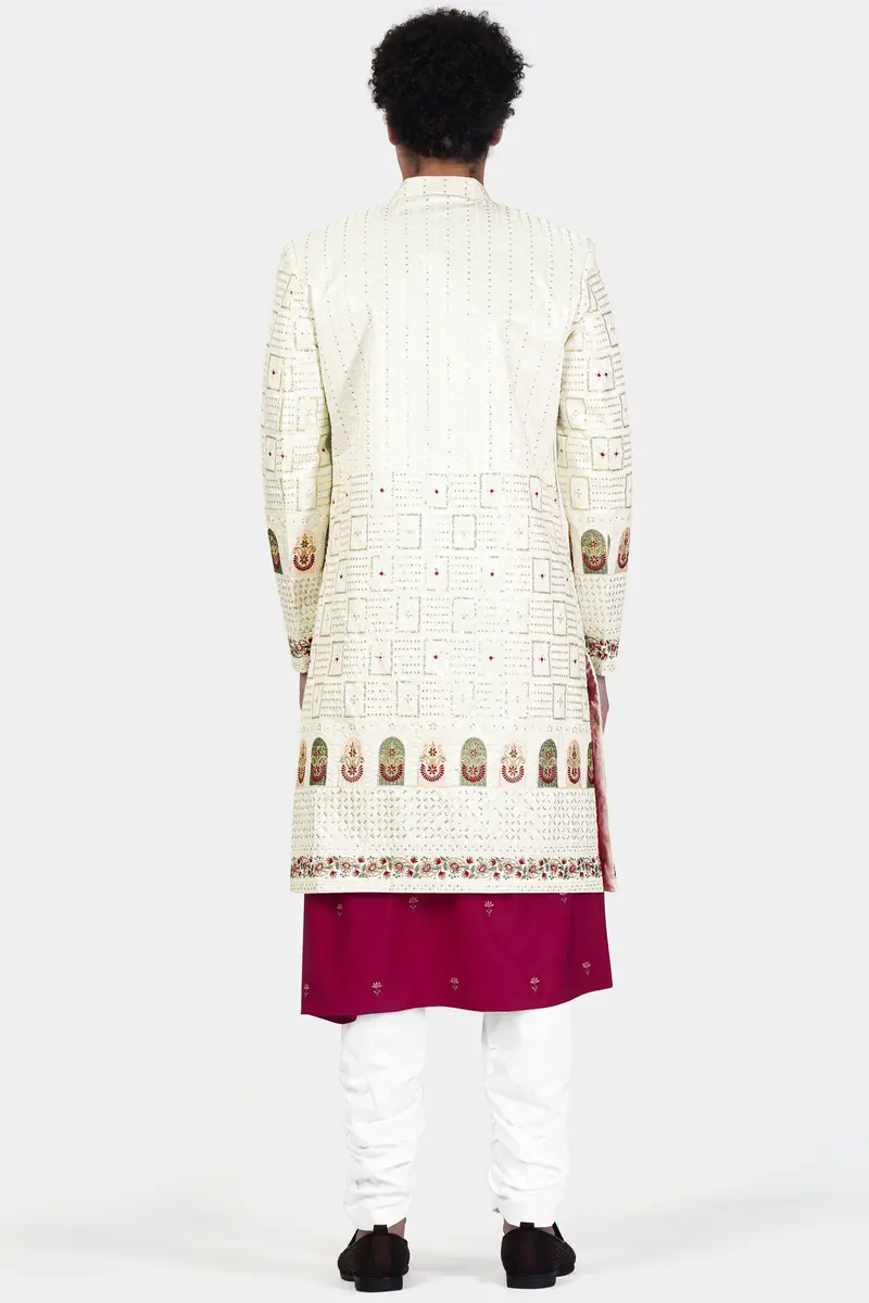 Merino Cream With Finch Green Multicolour Thread And Sequin Embroidered Indo-Western Sherwani 8