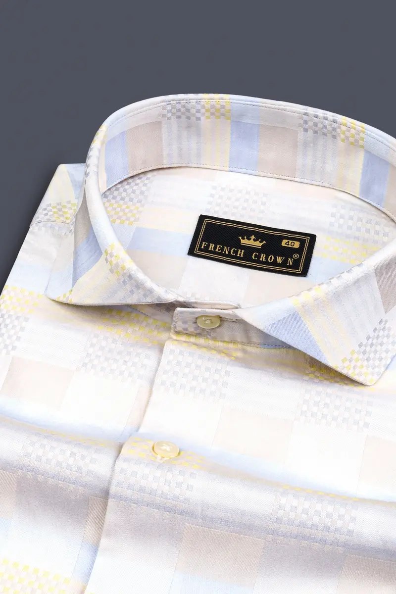 Merino Cream With Pigeon Blue Jacquard Textured Printed Premium Cotton Shirt 1