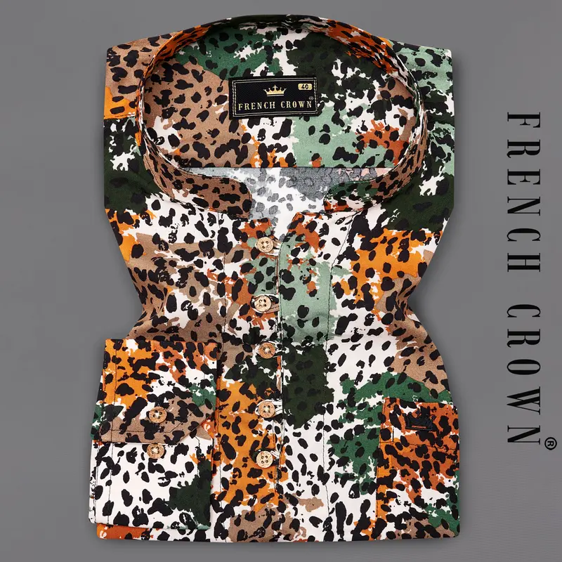 Merino Cream With Tahiti Orange Multicolour Tiger Stripes Premium Tencel Kurta Shirt 1