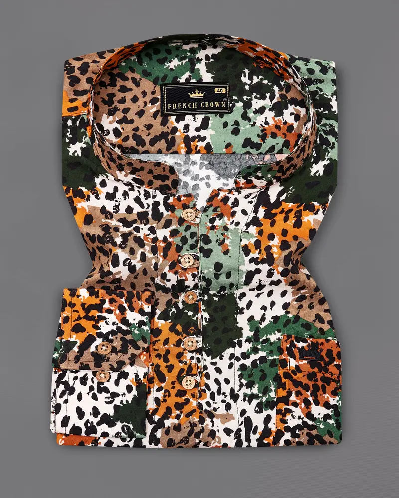 Merino Cream With Tahiti Orange Multicolour Tiger Stripes Premium Tencel Kurta Shirt 2