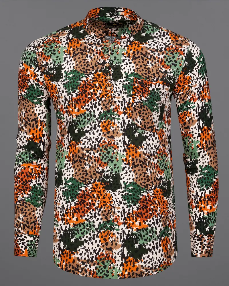 Merino Cream With Tahiti Orange Multicolour Tiger Stripes Premium Tencel Kurta Shirt 6