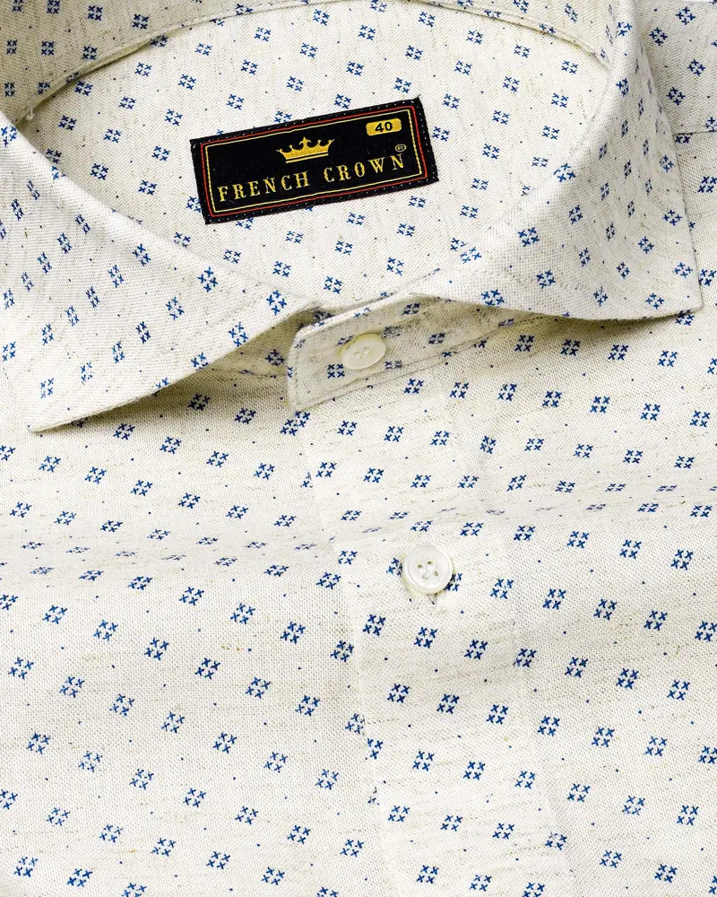 Merino Off White With Cobalt Blue Printed Chambray Premium Cotton Shirt 1