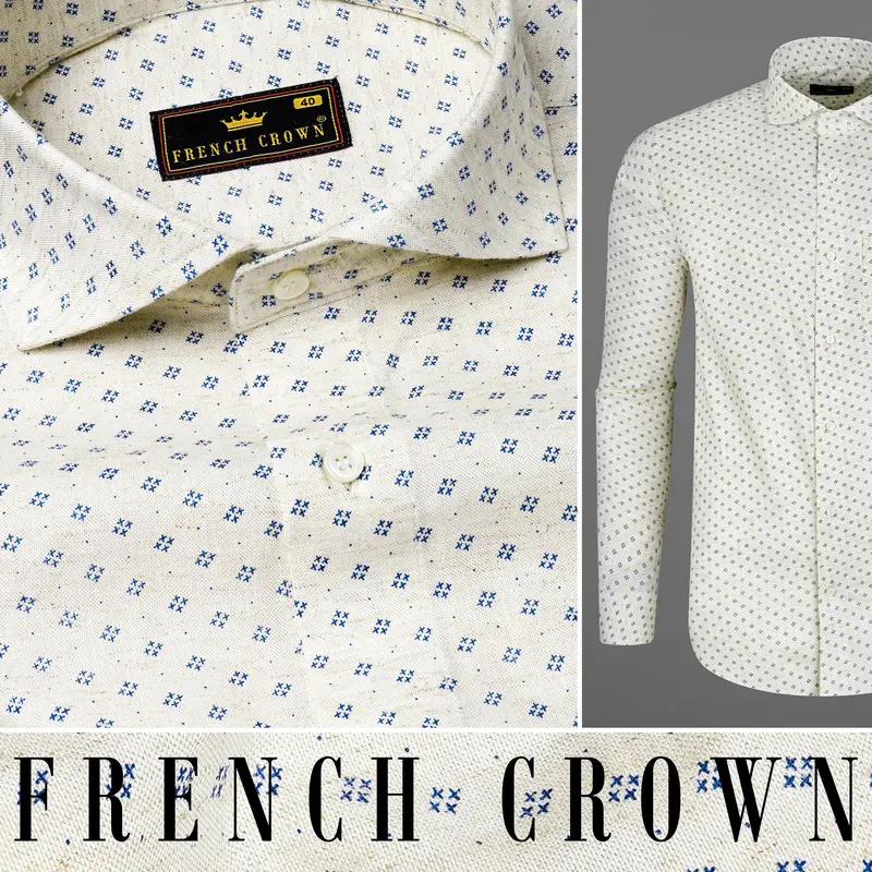 Merino Off White With Cobalt Blue Printed Chambray Premium Cotton Shirt 10