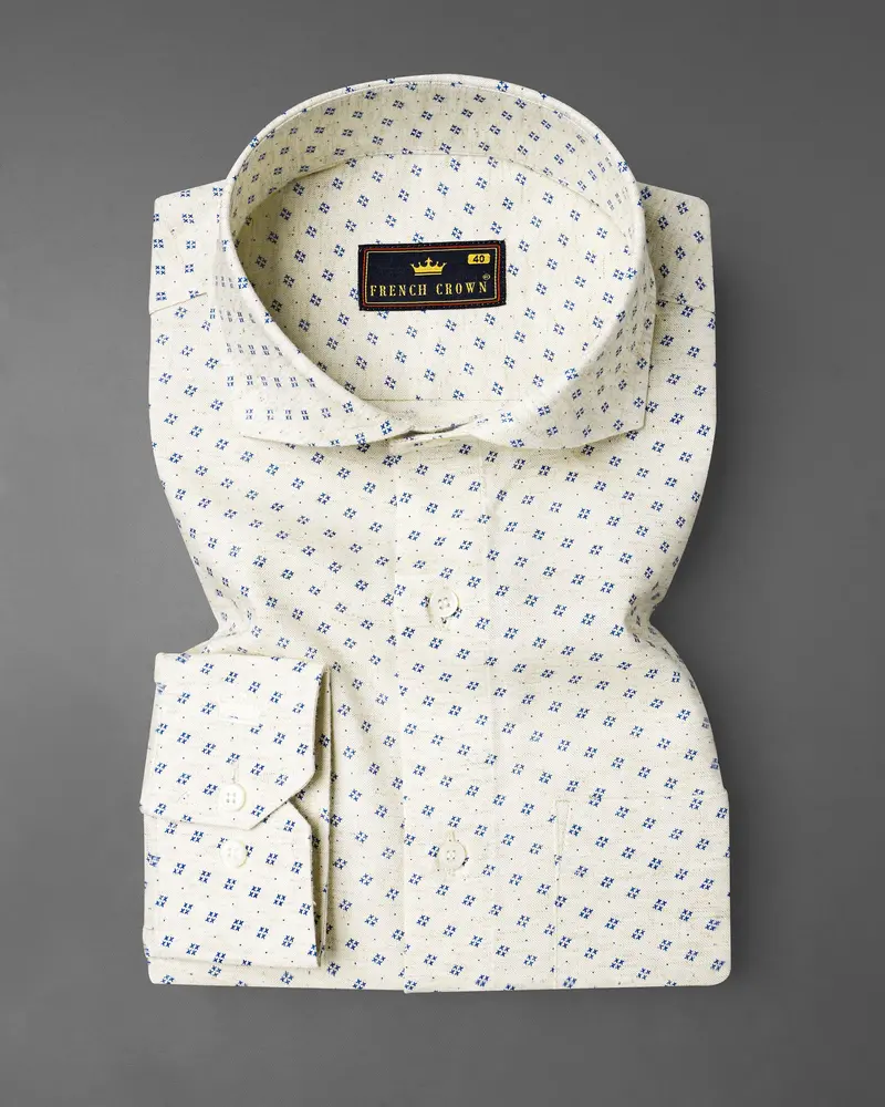 Merino Off White With Cobalt Blue Printed Chambray Premium Cotton Shirt 3