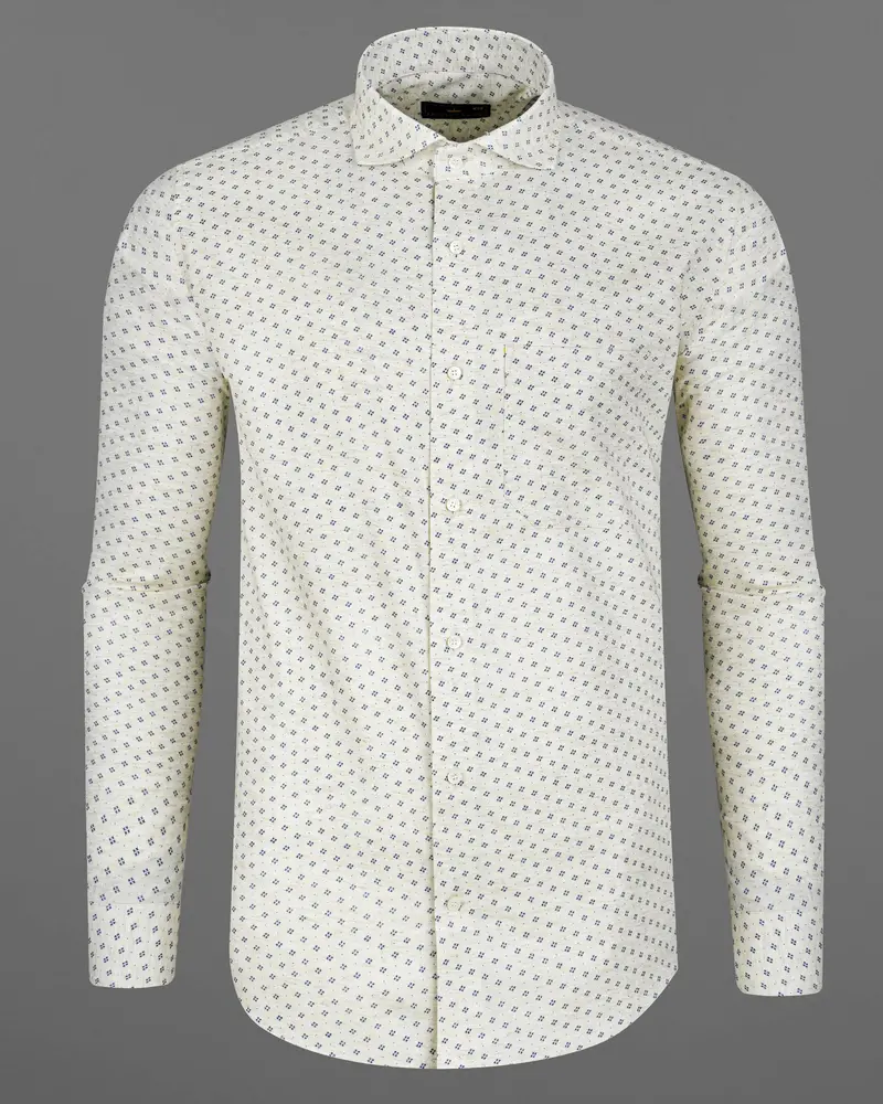 Merino Off White With Cobalt Blue Printed Chambray Premium Cotton Shirt 5
