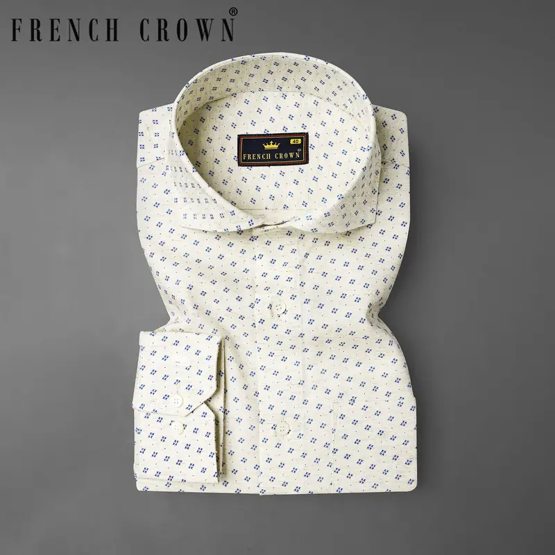 Merino Off White With Cobalt Blue Printed Chambray Premium Cotton Shirt 7