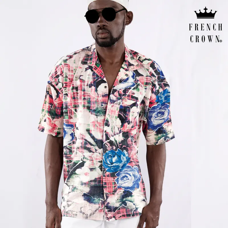 Merino Peach With Tory Blue Rose Printed Lightweight Premium Cotton Oversized Shirt 1
