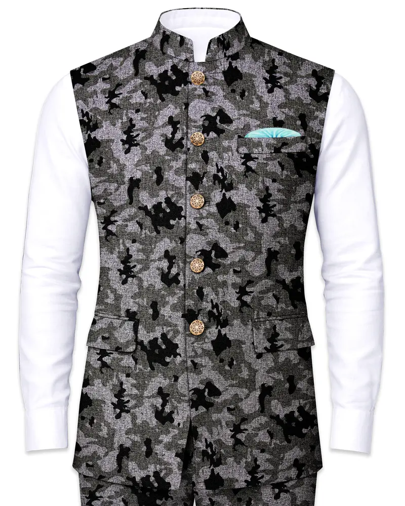 Merlin Green With Scorpion Gray Chintz Printed Bandhgala Nehru Jacket 1