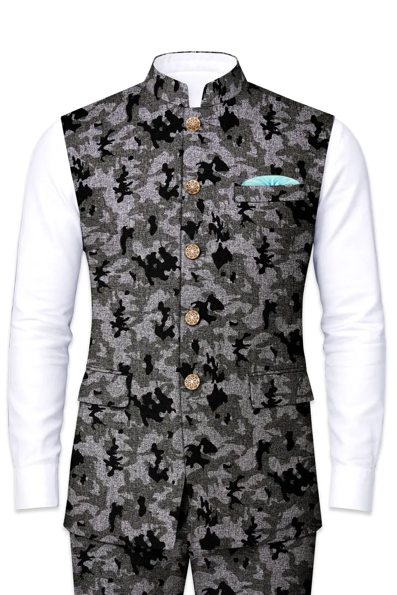 Merlin Green With Scorpion Gray Chintz Printed Bandhgala Nehru Jacket 2