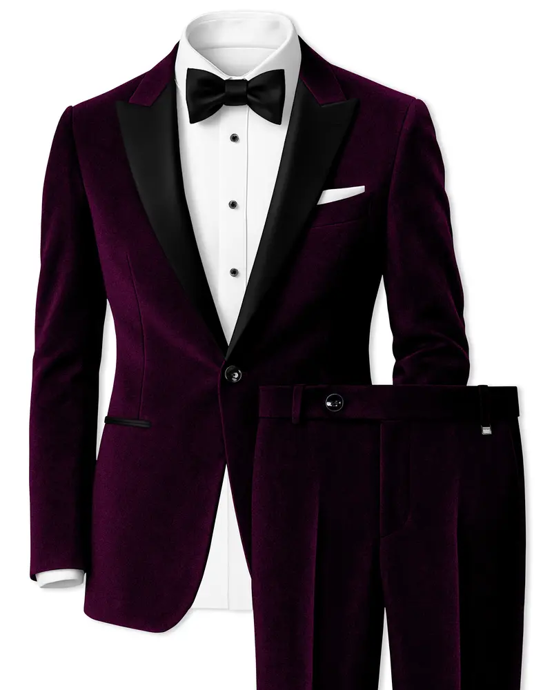 Merlot-Asphalt Wine Purple Velvet Peak Lapel Tuxedo Suit 1