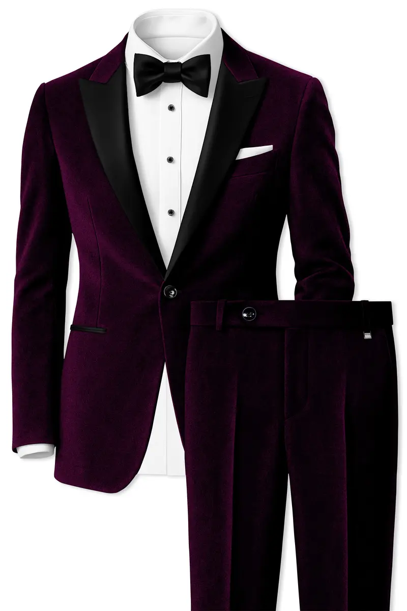 Merlot-Asphalt Wine Purple Velvet Peak Lapel Tuxedo Suit 2