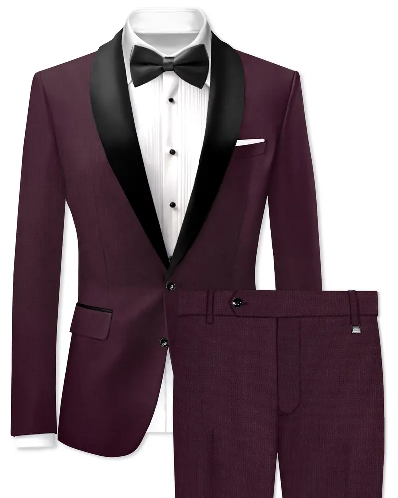 Merlot-Bistre Wine Maroon Wool Rich Tuxedo Slight Stretch Suit 1