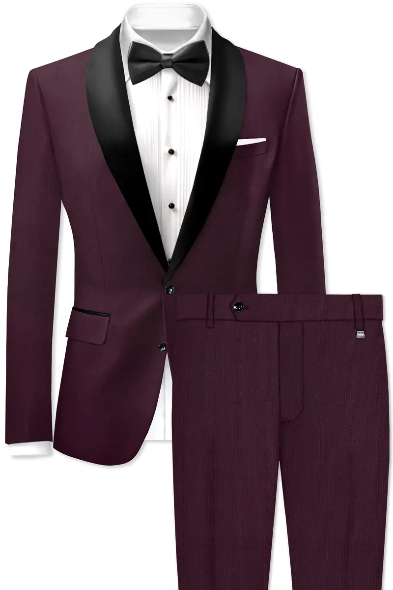 Merlot-Bistre Wine Maroon Wool Rich Tuxedo Slight Stretch Suit 2