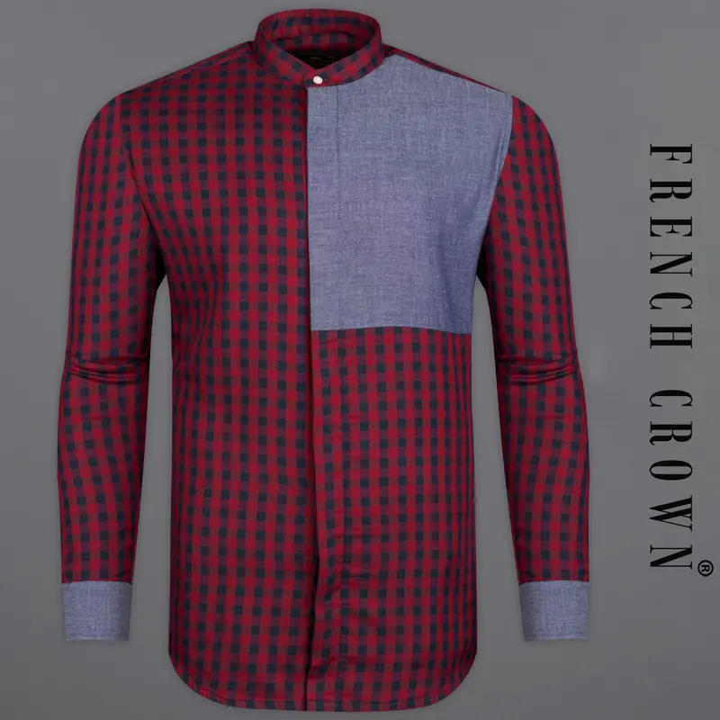Merlot Red Checkered With River Bed Gray Patchwork Chambray Designer Shirt 1
