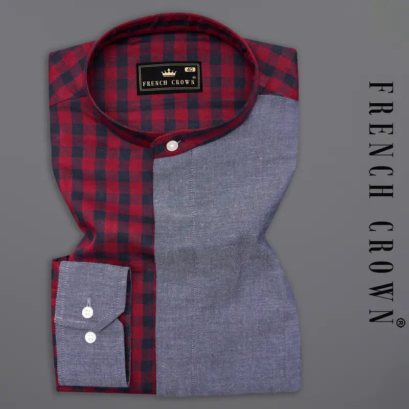 Merlot Red Checkered With River Bed Gray Patchwork Chambray Designer Shirt 10