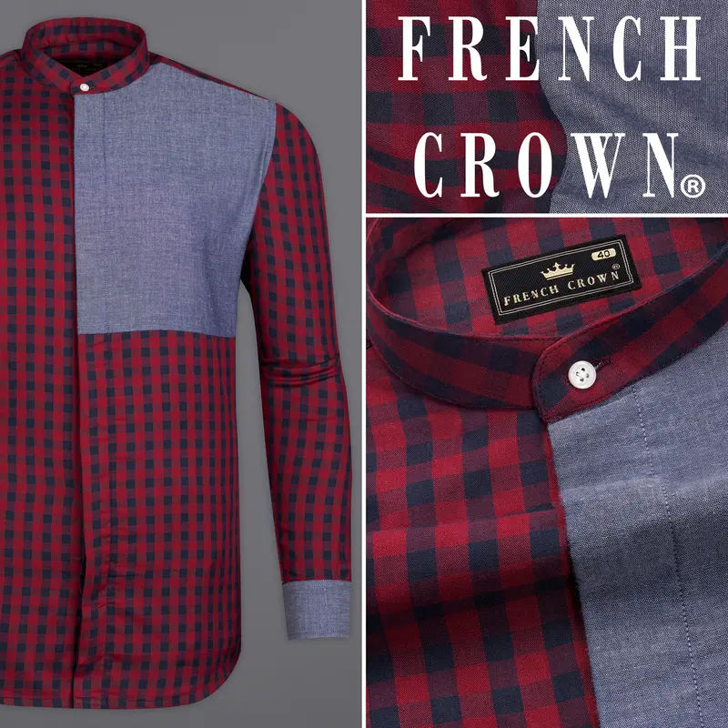 Merlot Red Checkered With River Bed Gray Patchwork Chambray Designer Shirt 12