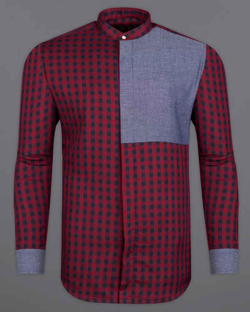 Merlot Red Checkered With River Bed Gray Patchwork Chambray Designer Shirt 2