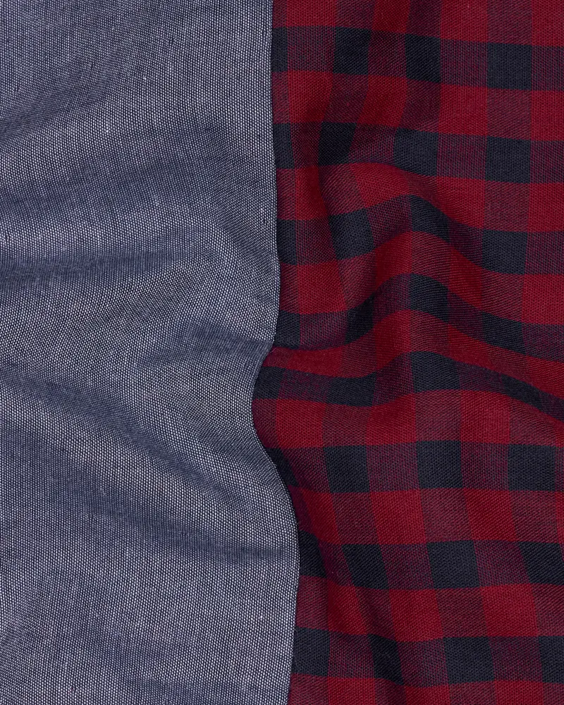 Merlot Red Checkered With River Bed Gray Patchwork Chambray Designer Shirt 3