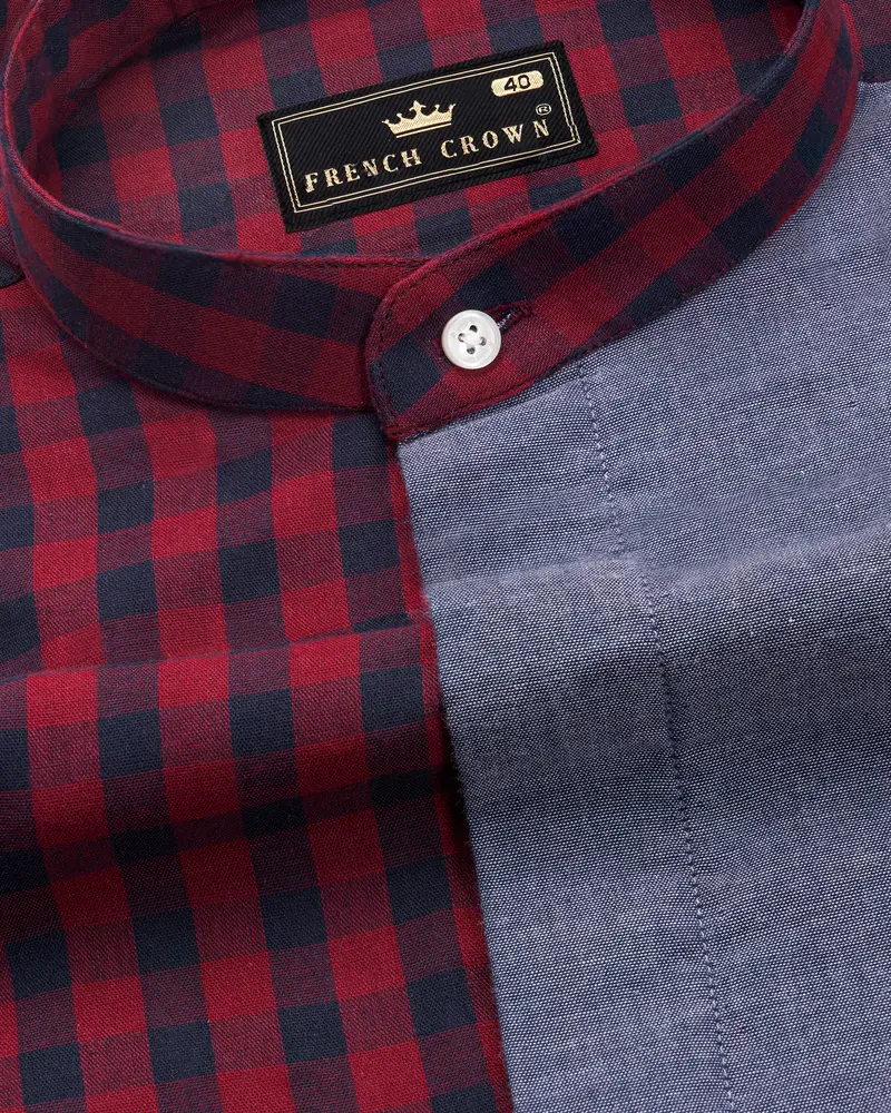 Merlot Red Checkered With River Bed Gray Patchwork Chambray Designer Shirt 4