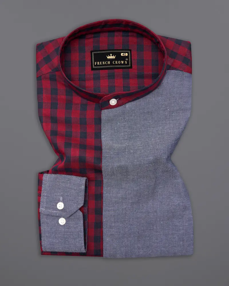 Merlot Red Checkered With River Bed Gray Patchwork Chambray Designer Shirt 5