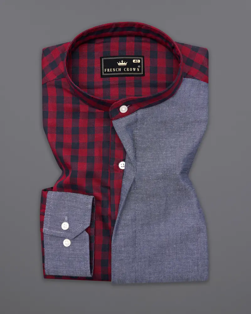 Merlot Red Checkered With River Bed Gray Patchwork Chambray Designer Shirt 6