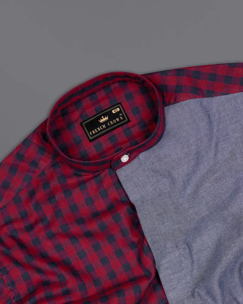 Merlot Red Checkered With River Bed Gray Patchwork Chambray Designer Shirt 7