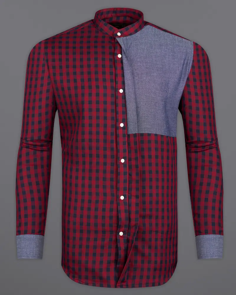 Merlot Red Checkered With River Bed Gray Patchwork Chambray Designer Shirt 8
