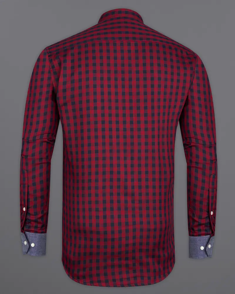 Merlot Red Checkered With River Bed Gray Patchwork Chambray Designer Shirt 9