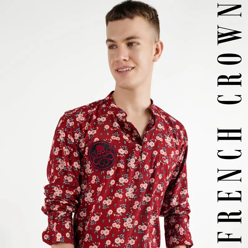Merlot Red Floral Printed With Funky Patchwork Premium Tencel Designer Kurta Shirt 1