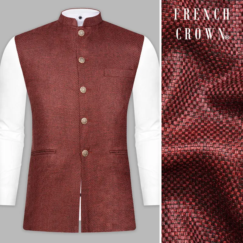 Merlot Red Textured Nehru Jacket 1