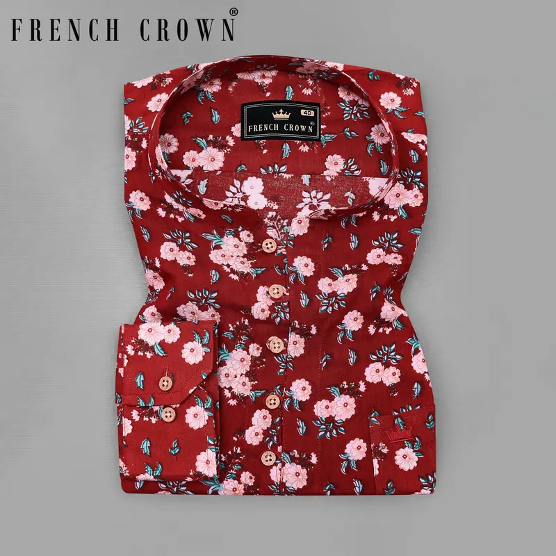 Merlot Red With Cosmos Pink Floral Printed Premium Tencel Kurta Shirt 1
