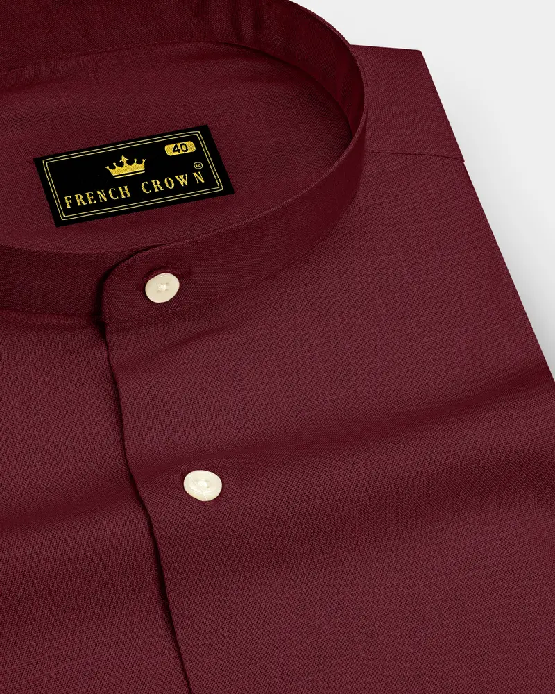 Merlot-Wine Berry Maroon Luxurious Linen Mandarin Dress Shirt 1