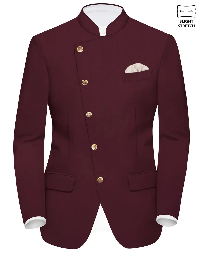 Merlot-Wine Berry Solid Wool Rich Cross Placket Bandhgala Slight Stretch Blazer 1