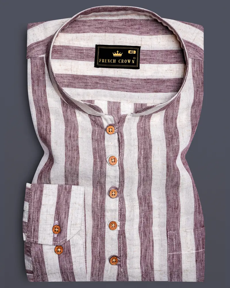 Merlotloom-Bazaar Maroon And Porcelain White Striped Luxurious Linen Casual Kurta Shirt 1