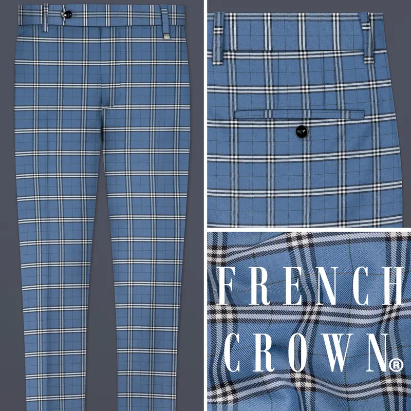 Metalic Blue Plaid Wool Blend Pant 1