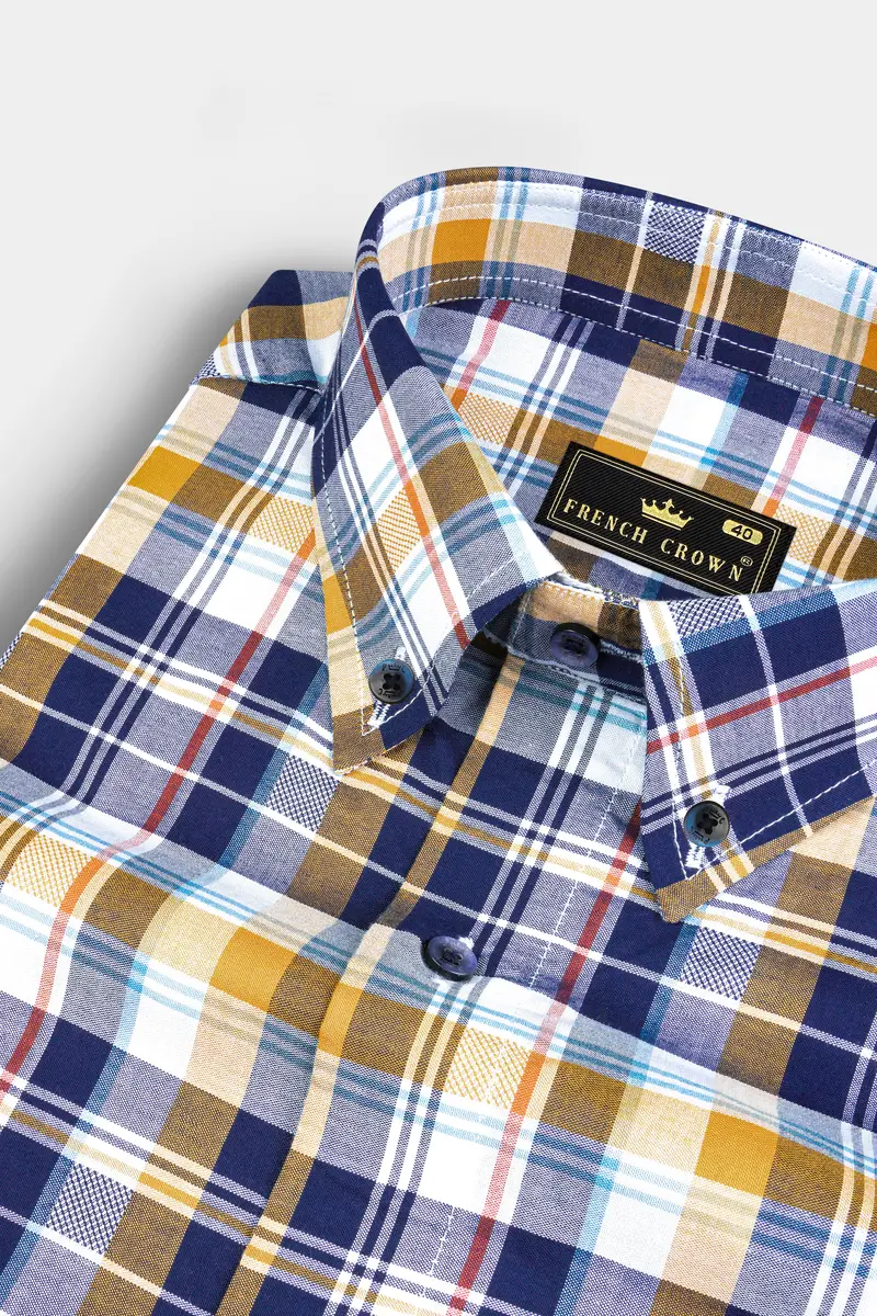 Metallic Blue And Desert Sand Brown Plaid Dobby Textured Premium Giza Cotton Shirt 1