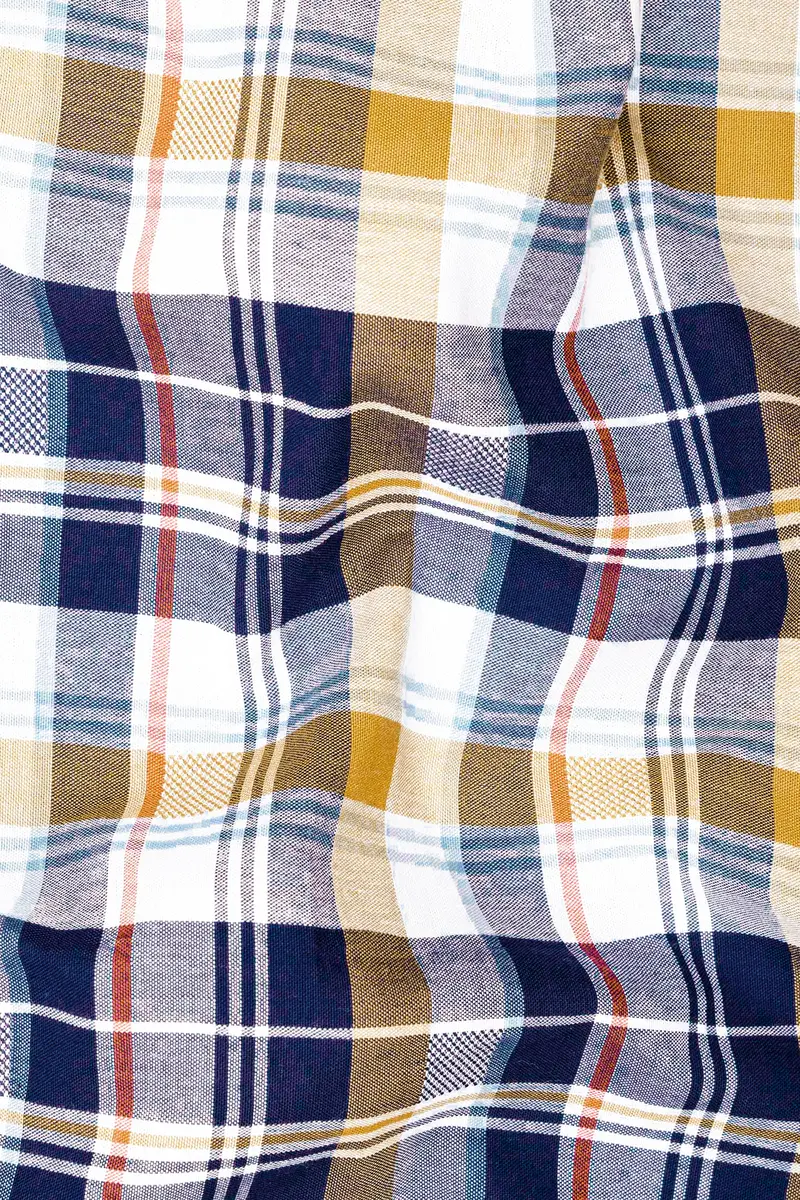 Metallic Blue And Desert Sand Brown Plaid Dobby Textured Premium Giza Cotton Shirt 2