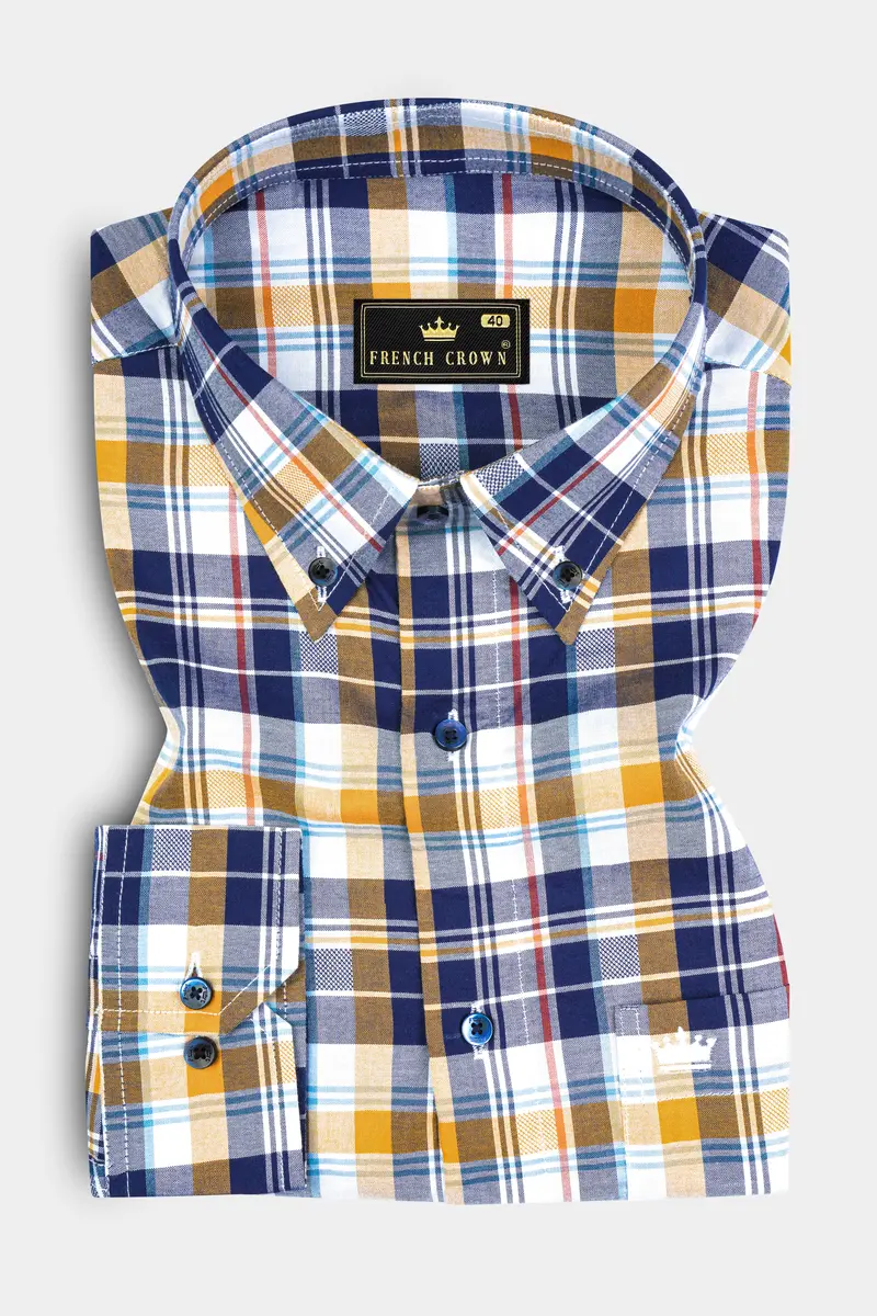 Metallic Blue And Desert Sand Brown Plaid Dobby Textured Premium Giza Cotton Shirt 3