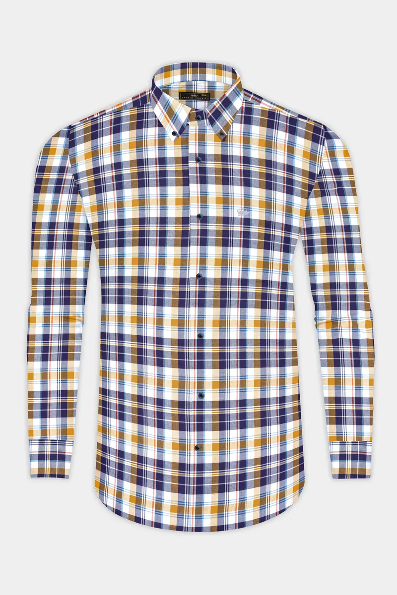 Metallic Blue And Desert Sand Brown Plaid Dobby Textured Premium Giza Cotton Shirt 4