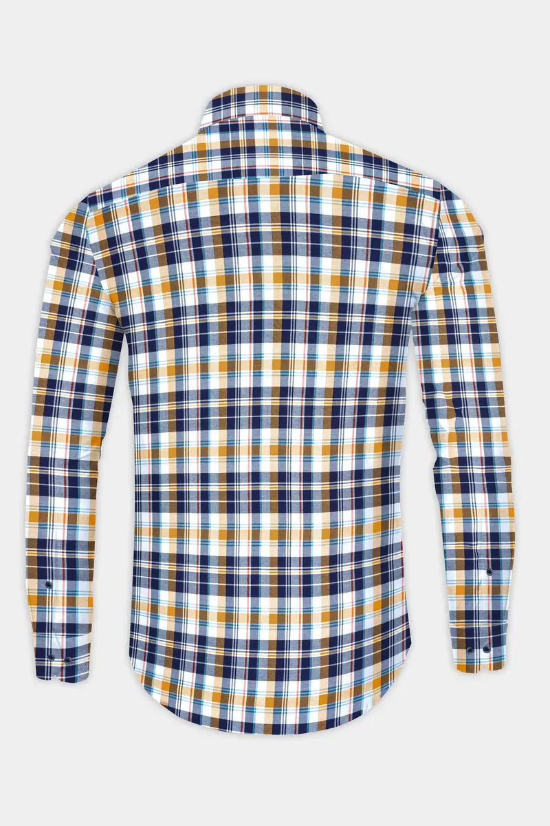 Metallic Blue And Desert Sand Brown Plaid Dobby Textured Premium Giza Cotton Shirt 5
