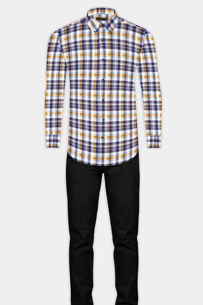 Metallic Blue And Desert Sand Brown Plaid Dobby Textured Premium Giza Cotton Shirt 6