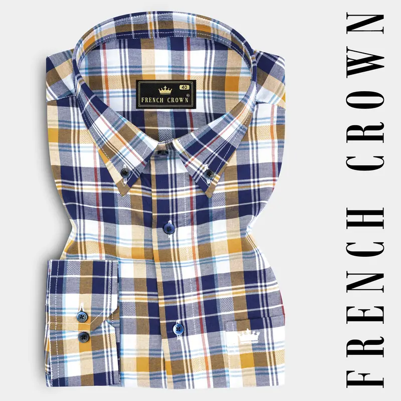 Metallic Blue And Desert Sand Brown Plaid Dobby Textured Premium Giza Cotton Shirt 7