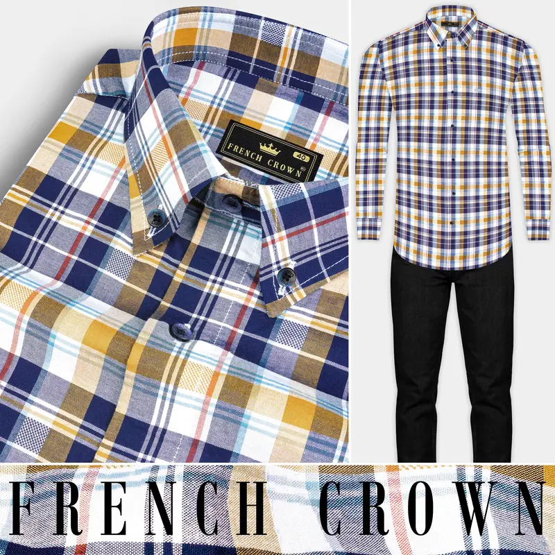 Metallic Blue And Desert Sand Brown Plaid Dobby Textured Premium Giza Cotton Shirt 8