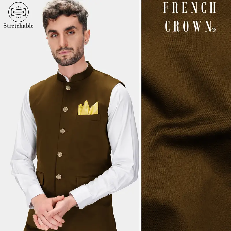 Metallic Bronze Brown Premium Cotton Stretchable Traveler Nehru Jacket 1