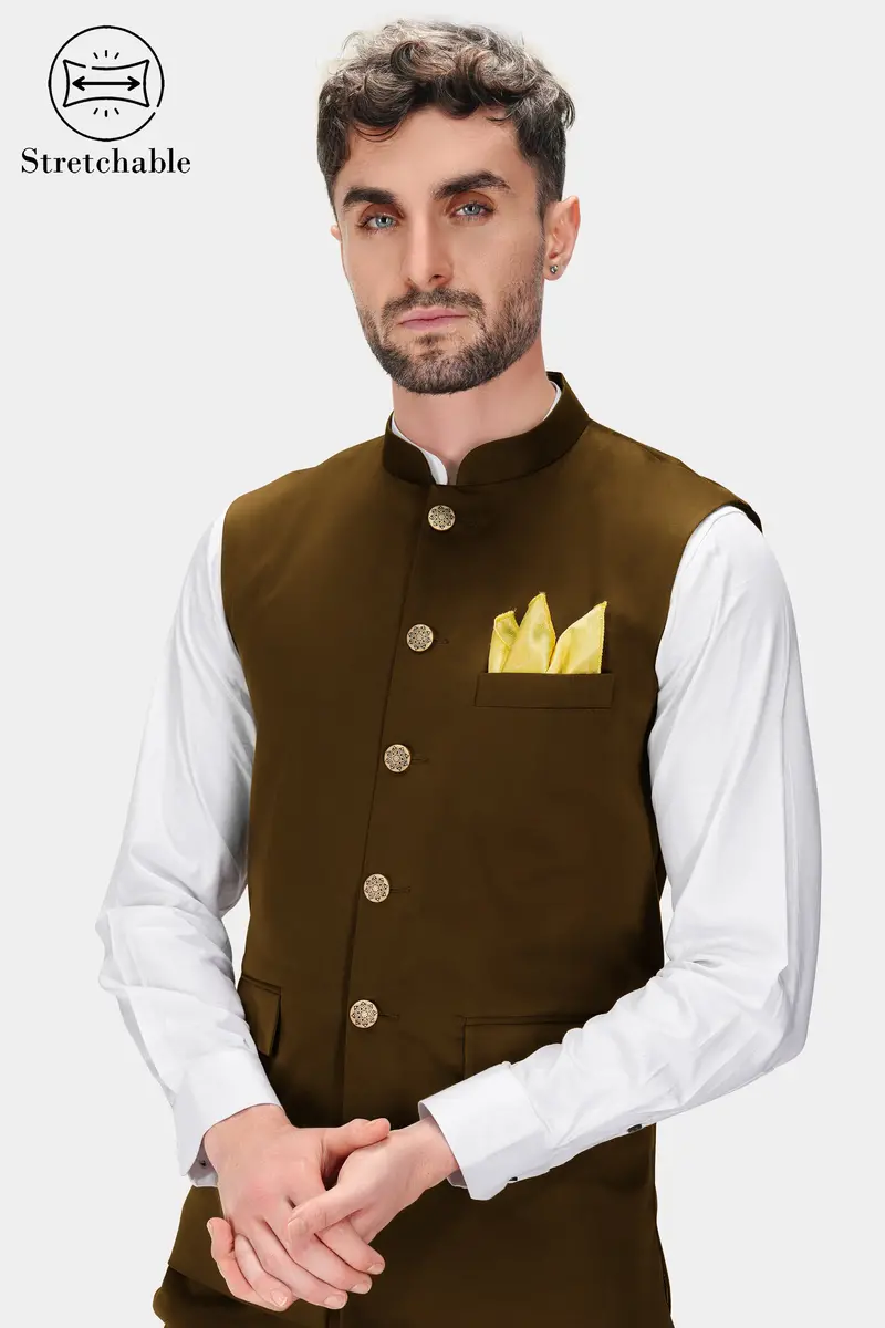 Metallic Bronze Brown Premium Cotton Stretchable Traveler Nehru Jacket 2